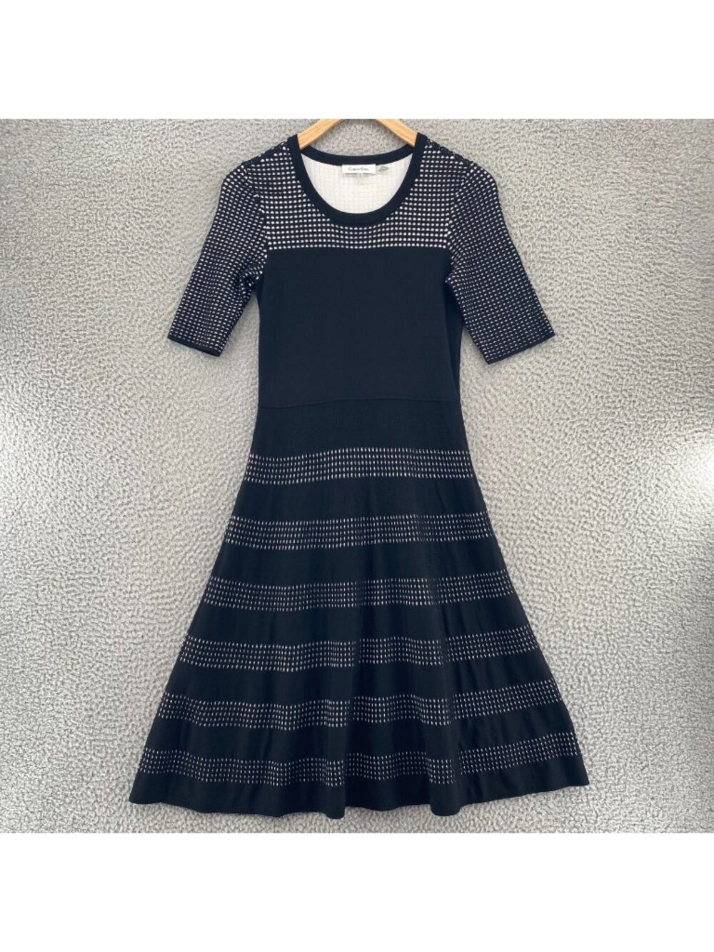 Calvin Klein Dress Womens Small Black Fit & Flare Sweater 1/2 Sleeve Dot Stripes